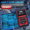 A red professional OBD2 diagnostic scanner with a display and buttons is shown in a car interior context.