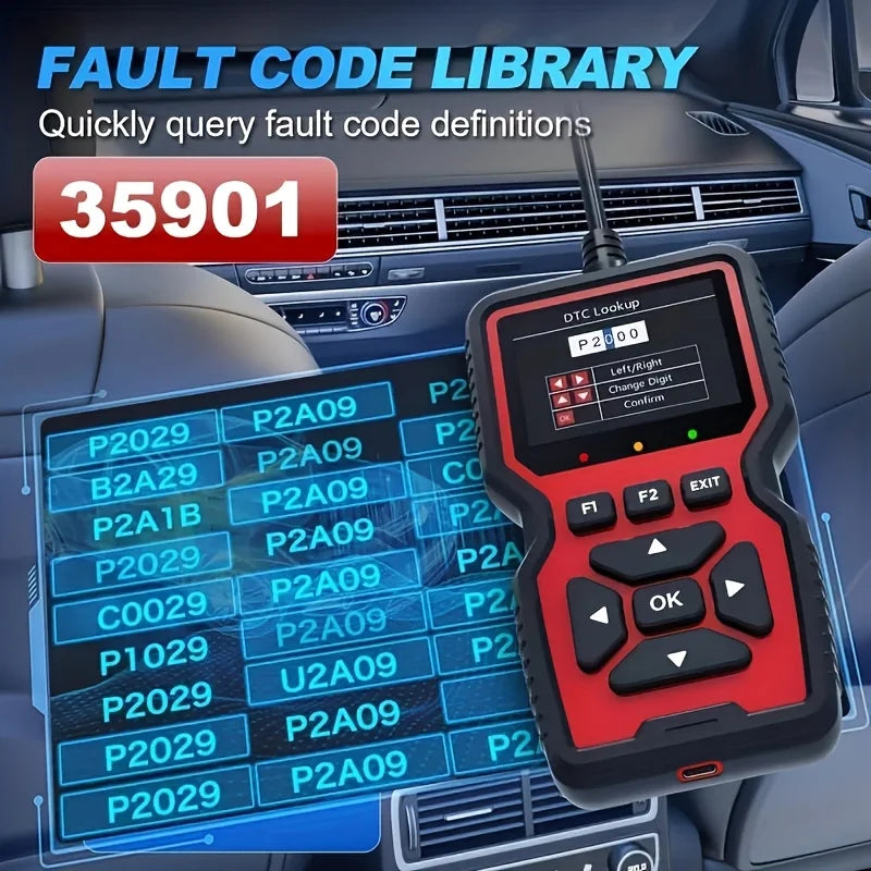 A red professional OBD2 diagnostic scanner with a display and buttons is shown in a car interior context.
