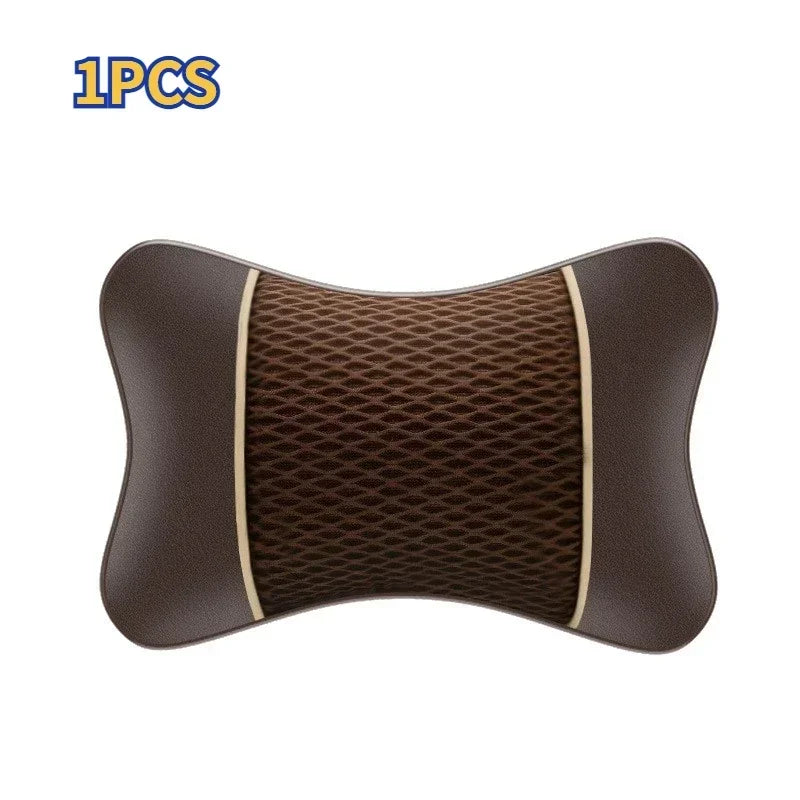 A brown ergonomic leather headrest and neck support cushion with a textured surface.