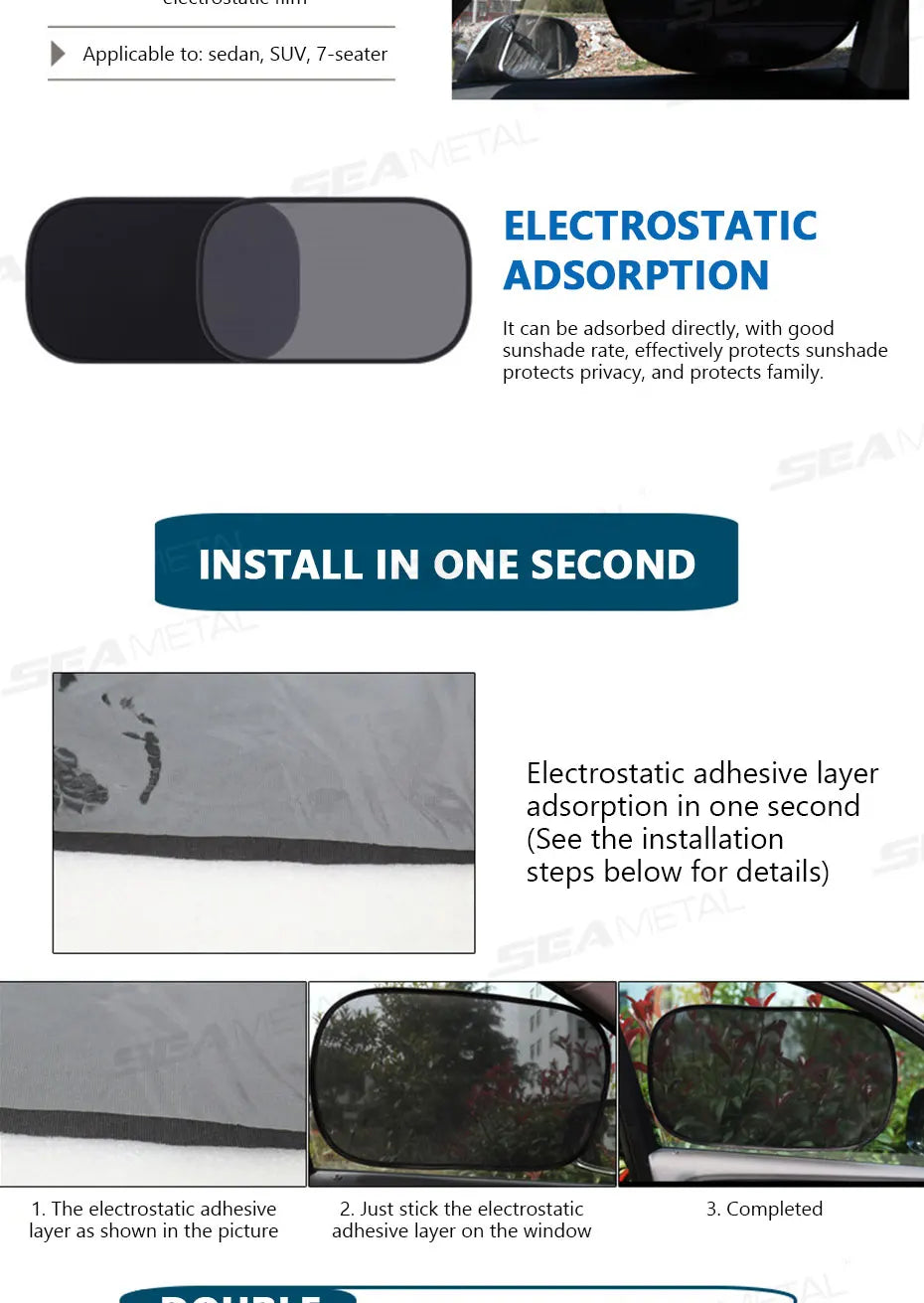 Instructions montrant comment installer un pare-soleil adhésif électrostatique sur la vitre d'une voiture.