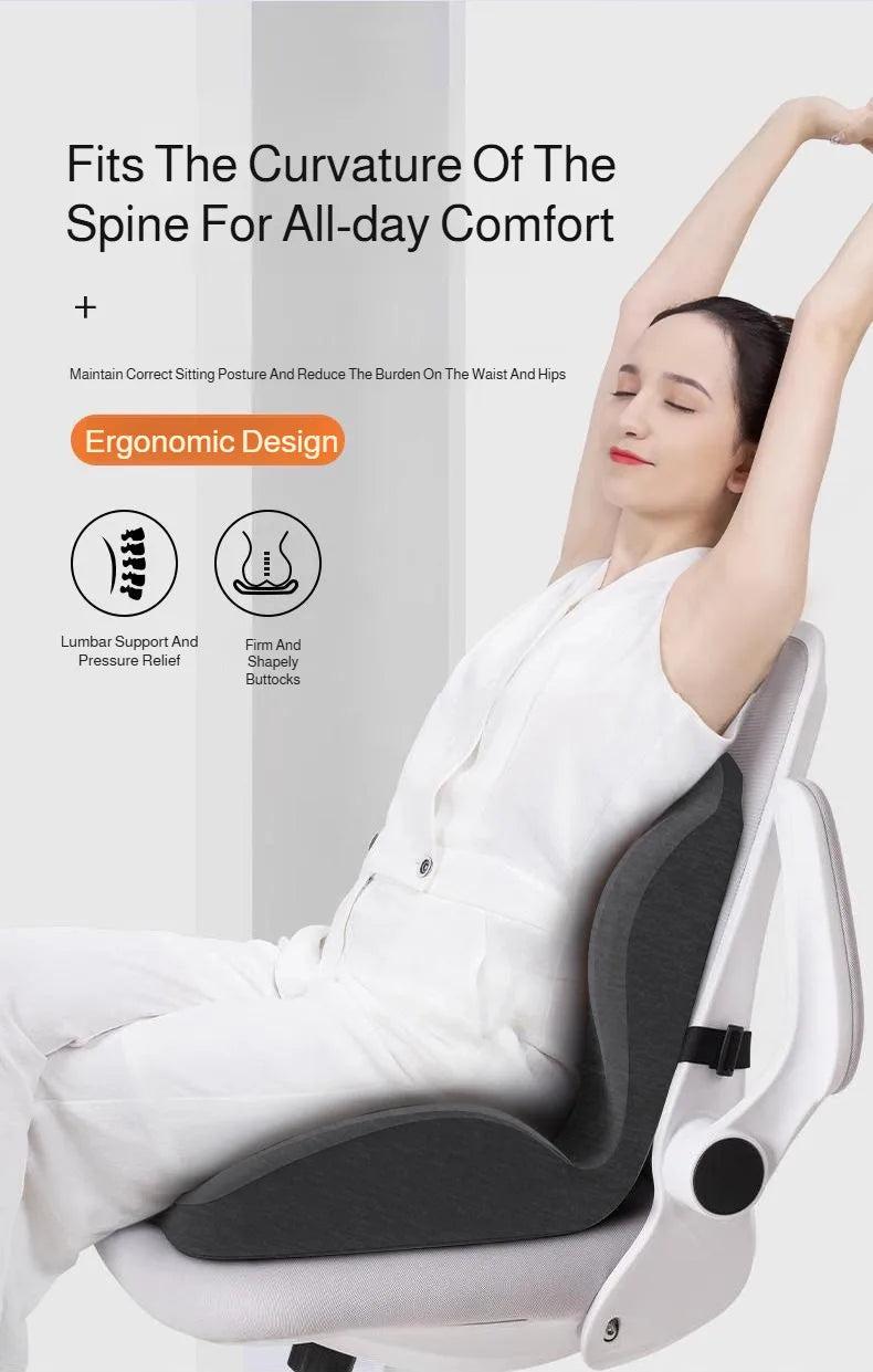 A woman is sitting comfortably in a white ergonomic shell seat cushion designed for all-day support.