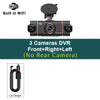 Caméra de surveillance DVR noire 4 canaux avec trois caméras avant et capacité WiFi, montrée à côté d'un chargeur de voiture.
