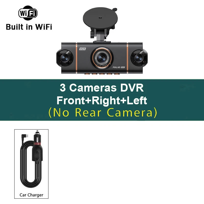Caméra de surveillance DVR noire 4 canaux avec trois caméras avant et capacité WiFi, montrée à côté d'un chargeur de voiture.