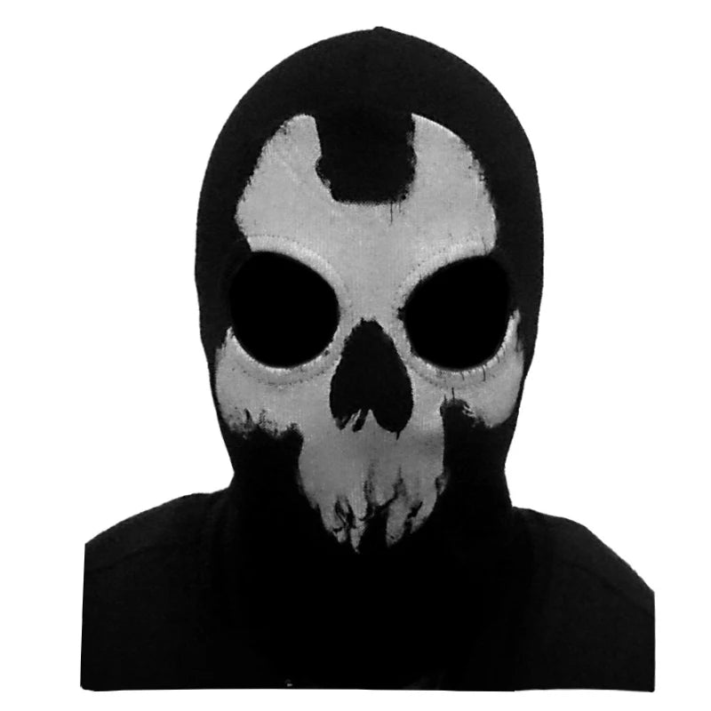 Mascarilla balaclava negra completa con diseño de calavera blanca.