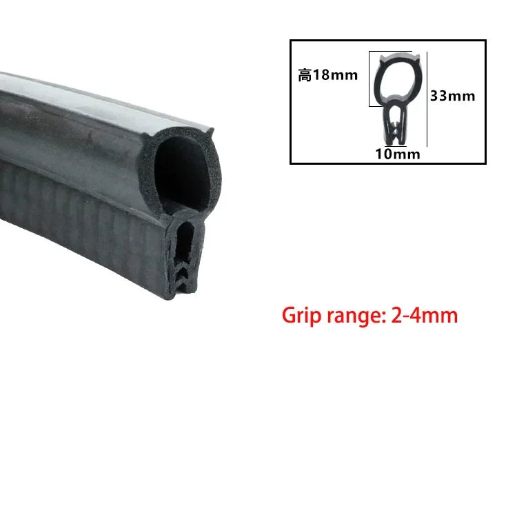 A black U-shaped door edge seal strip with dimensions and grip range specifications.