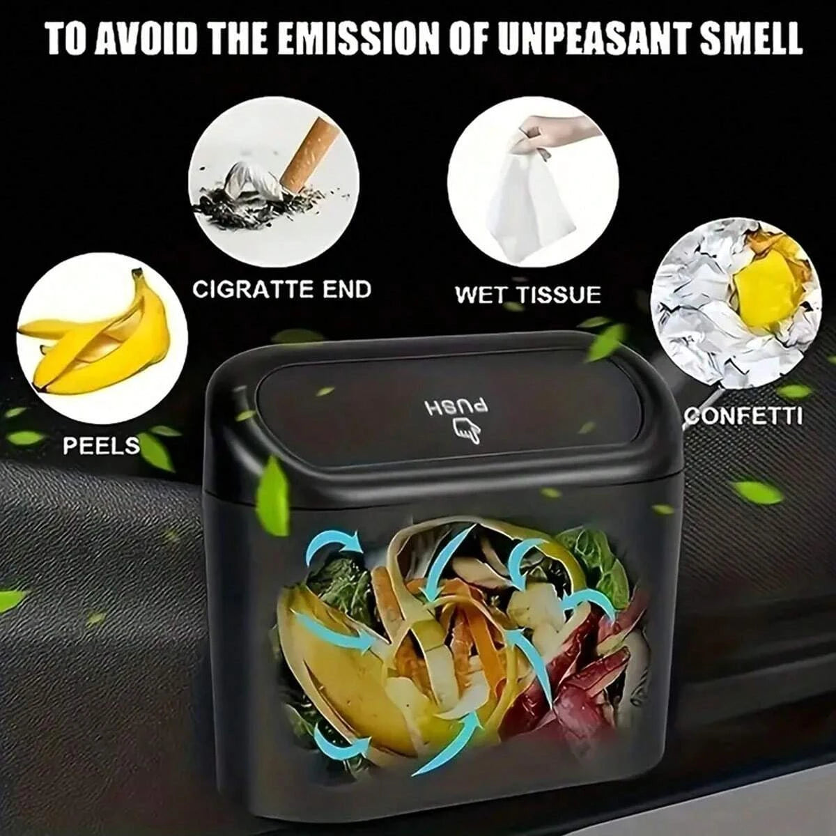 A black portable car trash can with a hanging lid, shown next to various items like cigarette end, wet tissue, and confetti.