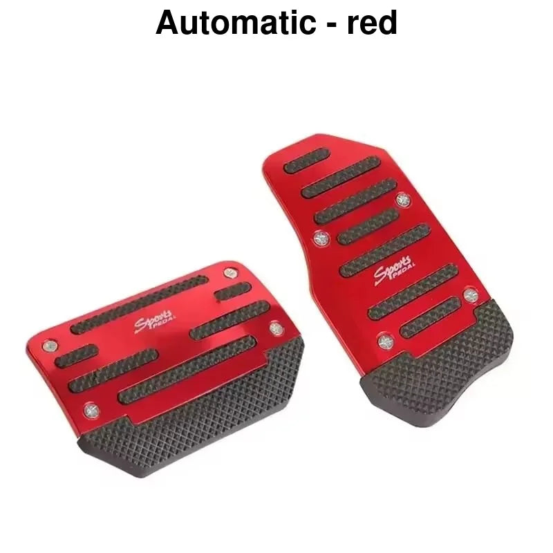 Automatic red pedal covers for a car, showing the textured and smooth surfaces.