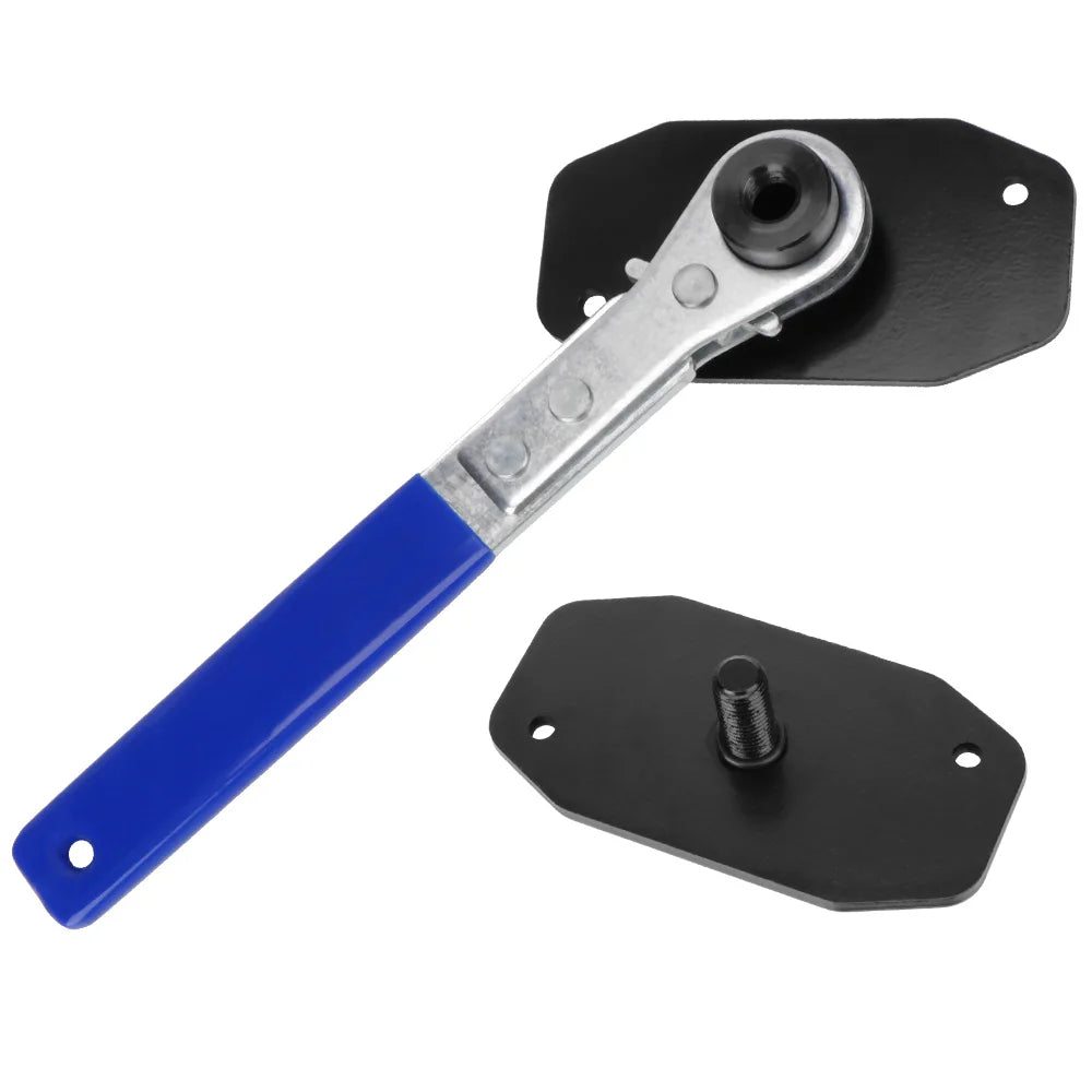 A silver and blue professional brake caliper spreader tool with a black mounting plate.