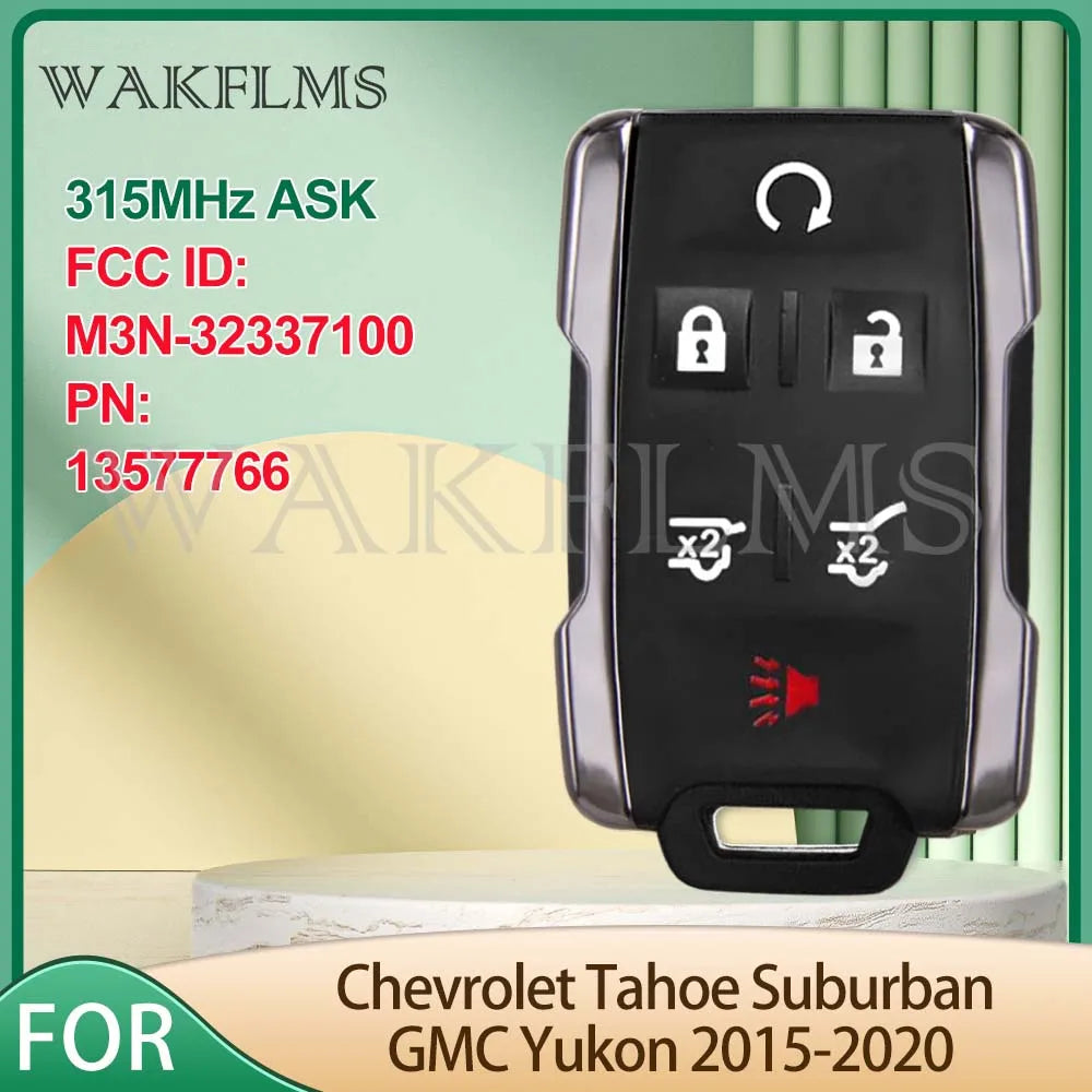 A black universal remote key for Chevrolet Tahoe and GMC Yukon vehicles with various security codes displayed.