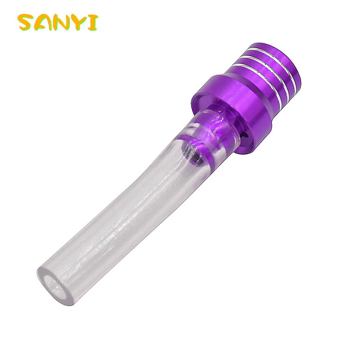 A clear plastic fuel vent breather hose with a purple fitting and ribbed section.