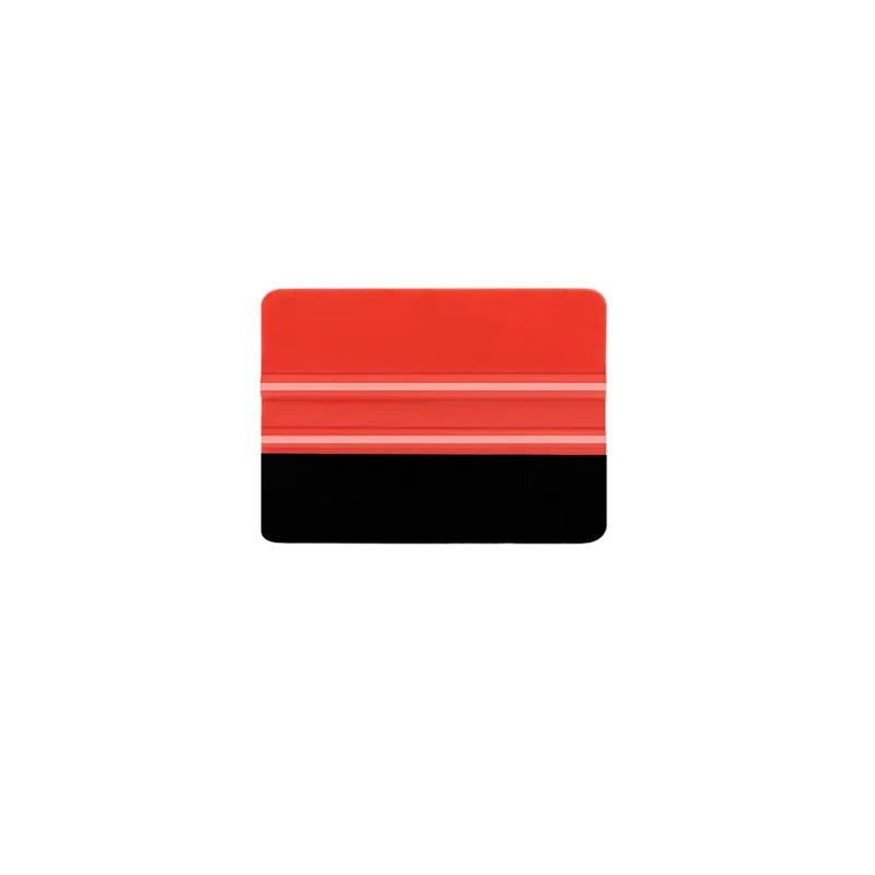 A rectangular felt squeegee tool with red and black sections for vinyl decal removal.