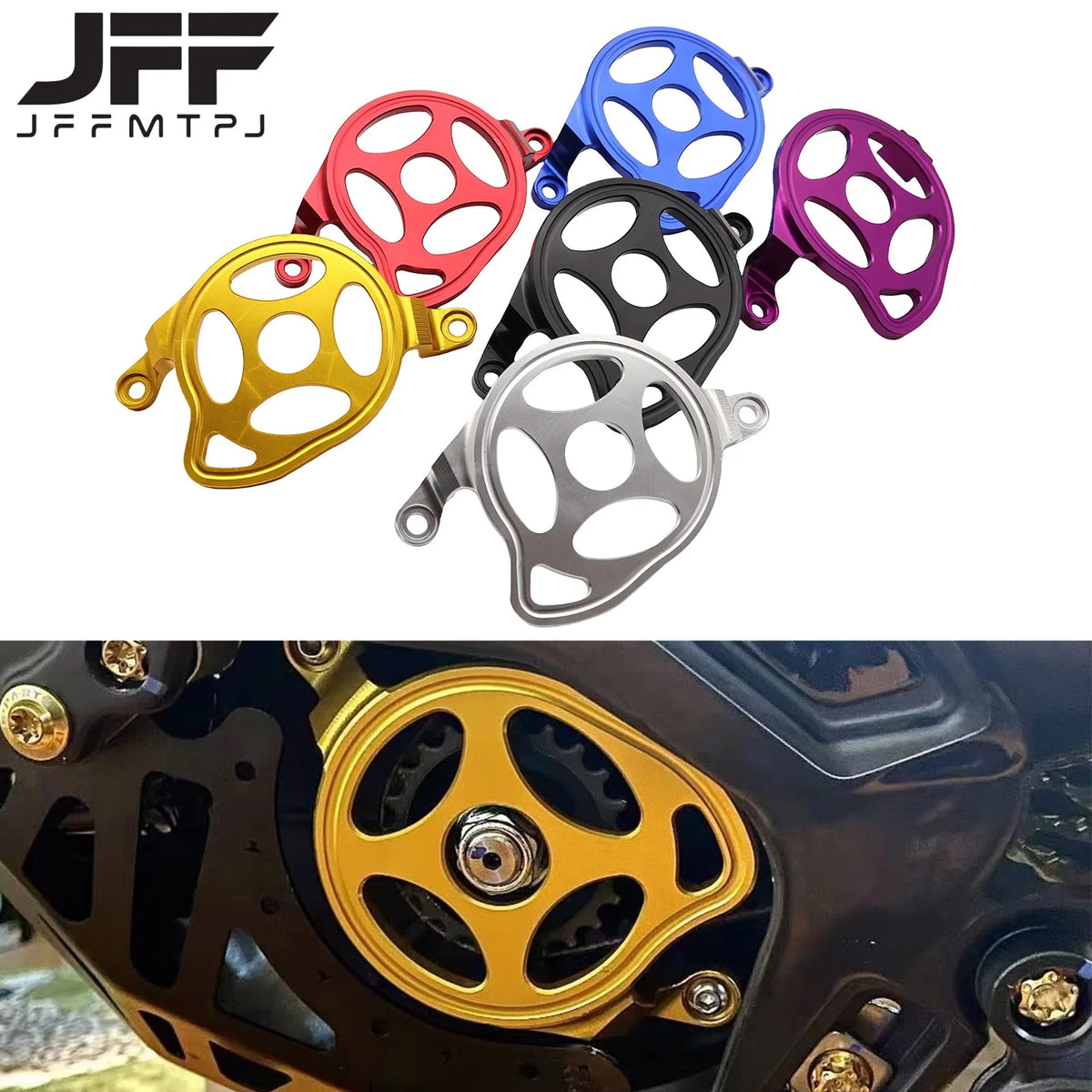 A collection of motorcycle engine case protector covers in various colors including red, yellow, black, and purple.