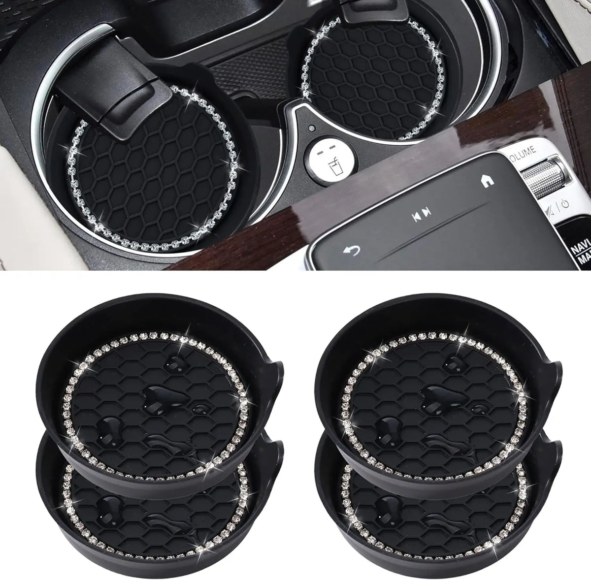 Un juego de posavasos de cristal y strass negros para vasos de coche, mostrados desde varios ángulos.