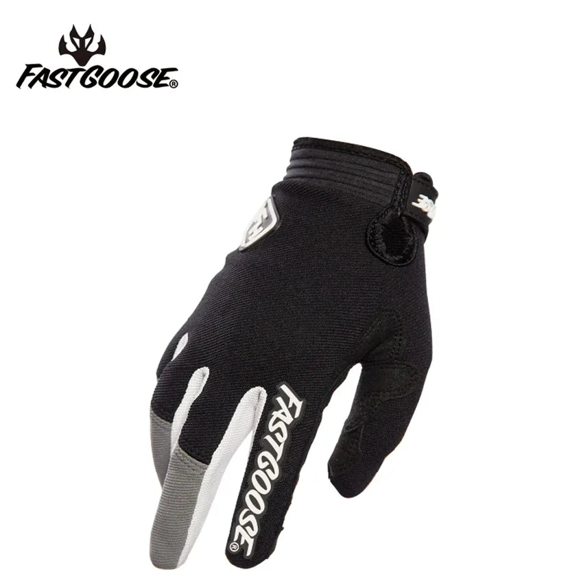 Gants de moto FastGoose noirs avec design à cinq doigts sur fond blanc.