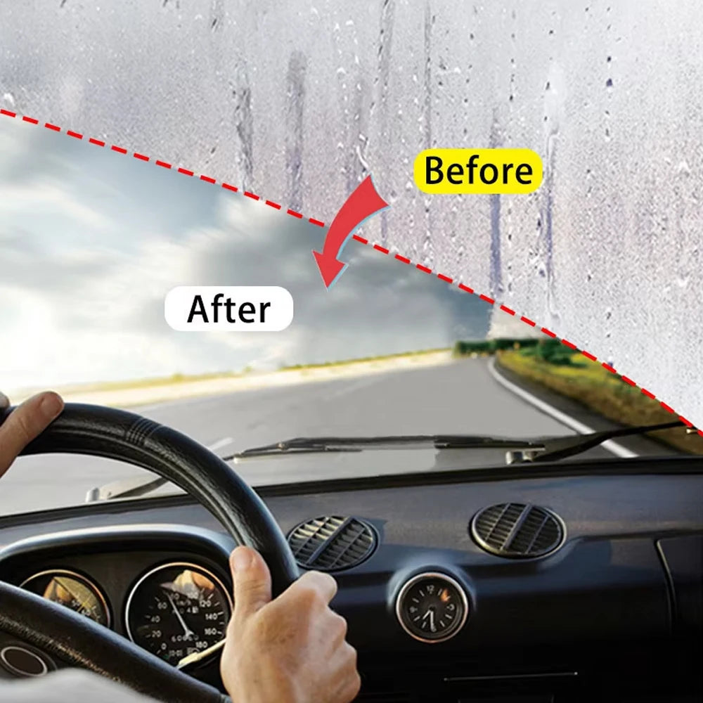 Before and after comparison of an anti-fog coating solution on a car window.