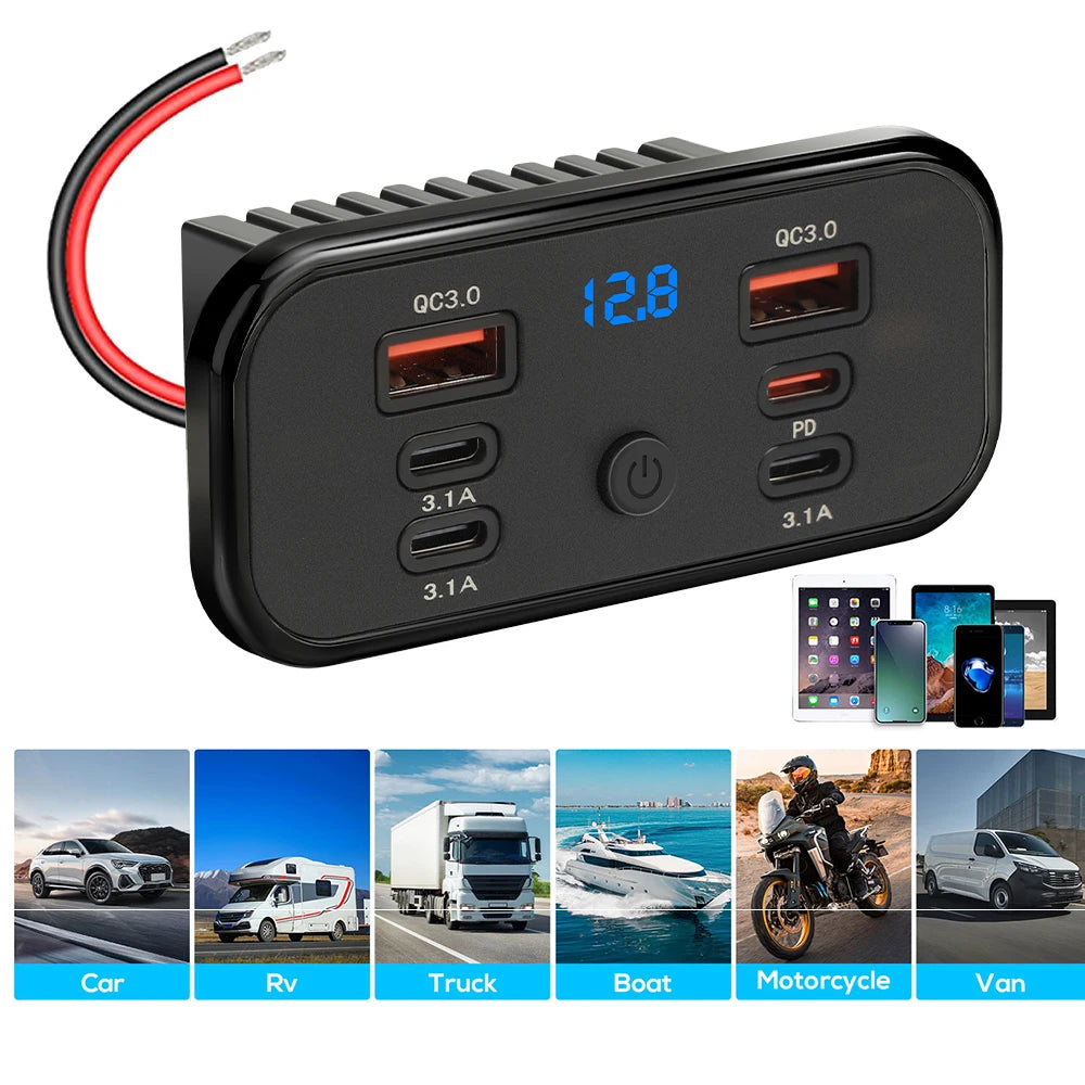 Black universal DC car charger adapter with multiple output ports for vehicles