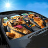 A dog-themed car windshield sunshade featuring cartoon dogs relaxing inside a car.