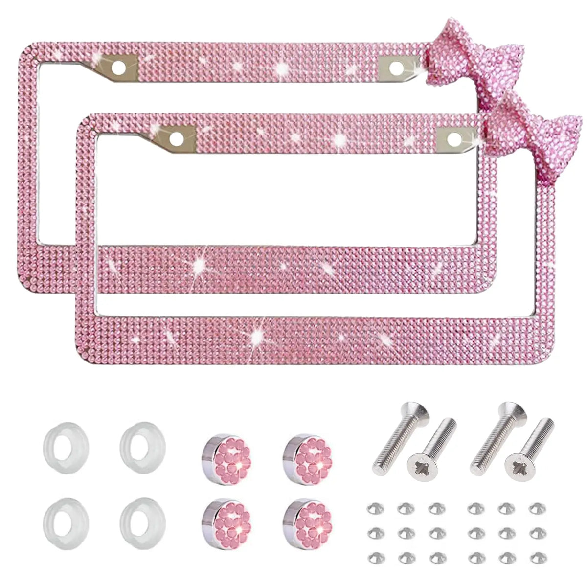 Pink LED license plate frame set with bow accent and mounting hardware