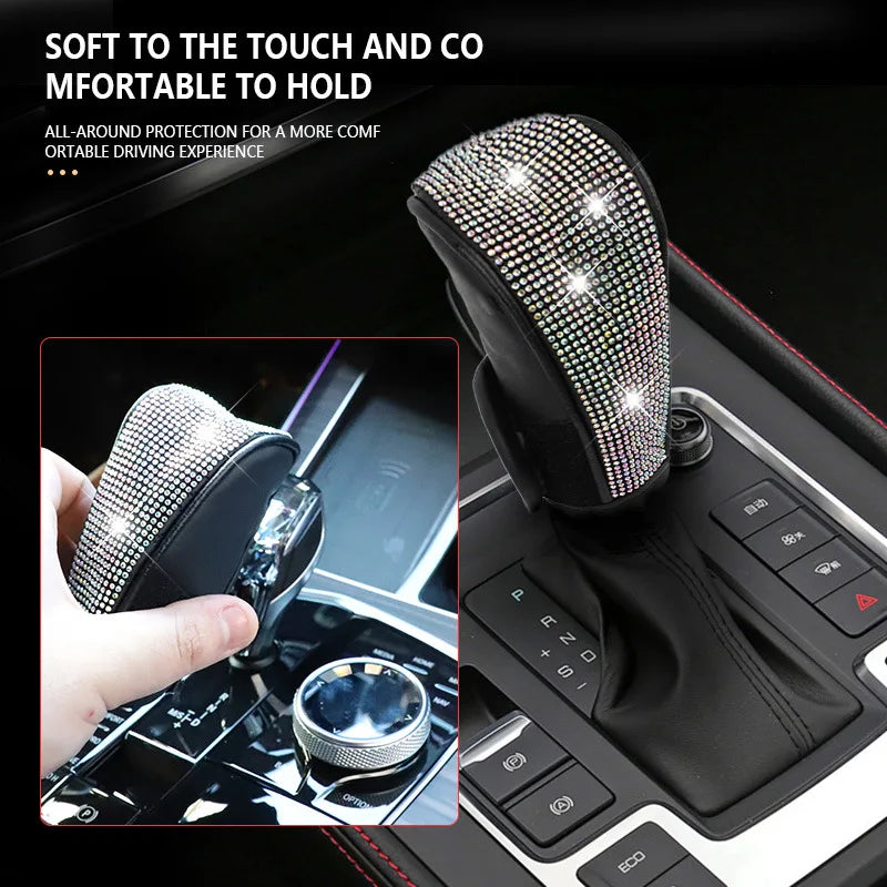 A crystal rhinestone gear shift knob cover in black PU leather is shown being placed onto a car gear shift.