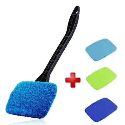 A long-handle car window cleaning brush with a blue sponge head and various colored cleaning pads.