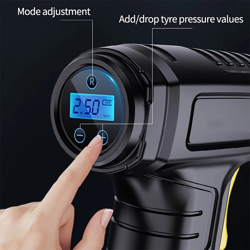A hand adjusts the tire pressure on a portable digital tire air pump displaying 2.50 psi.