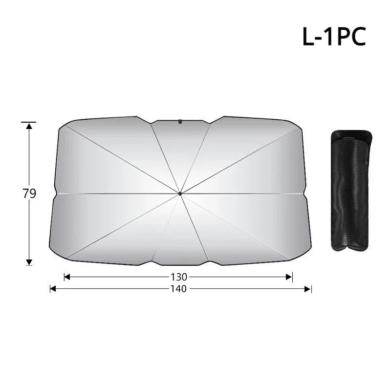 Silver retractable car sunshade for windshield heat protection with a black storage tube.