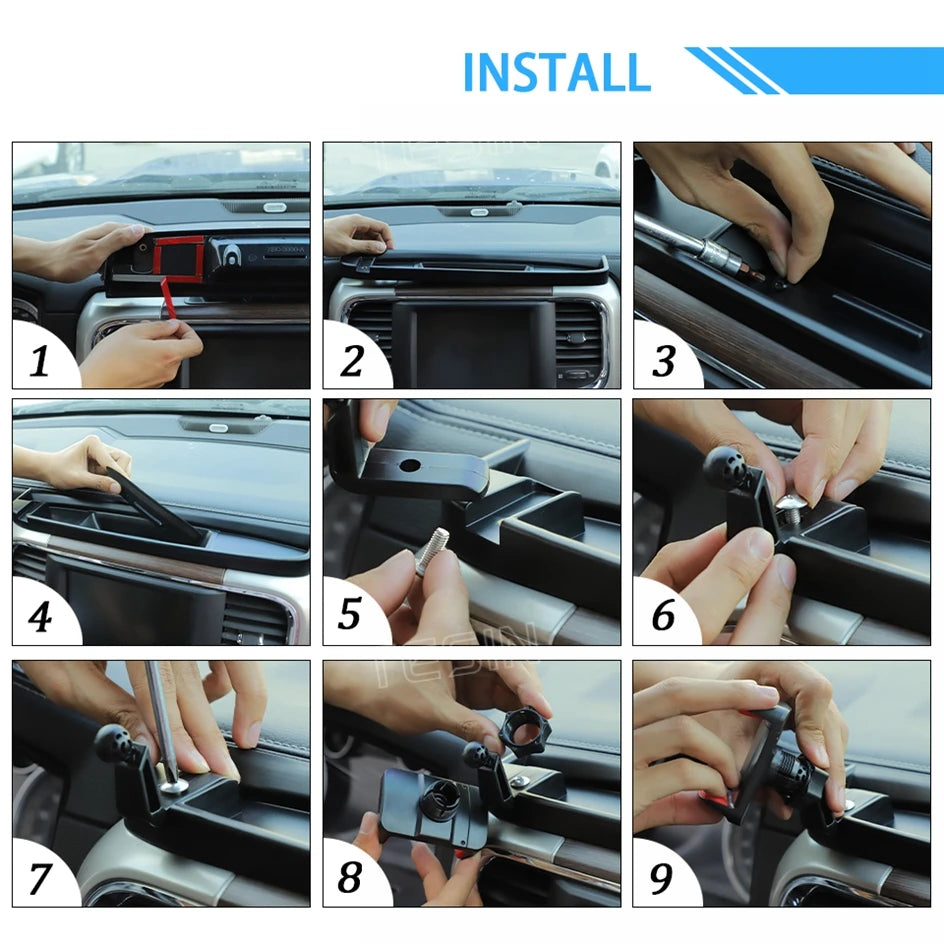 Neun Schritte zur Installation eines Handyhalter für die Mittelkonsole eines Dodge RAM Fahrzeugs.