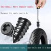 A hand uses a tire repair nail to fix a tire, demonstrating an emergency tire repair method.