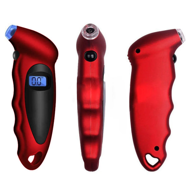 Three red digital tire pressure gauges shown from different angles