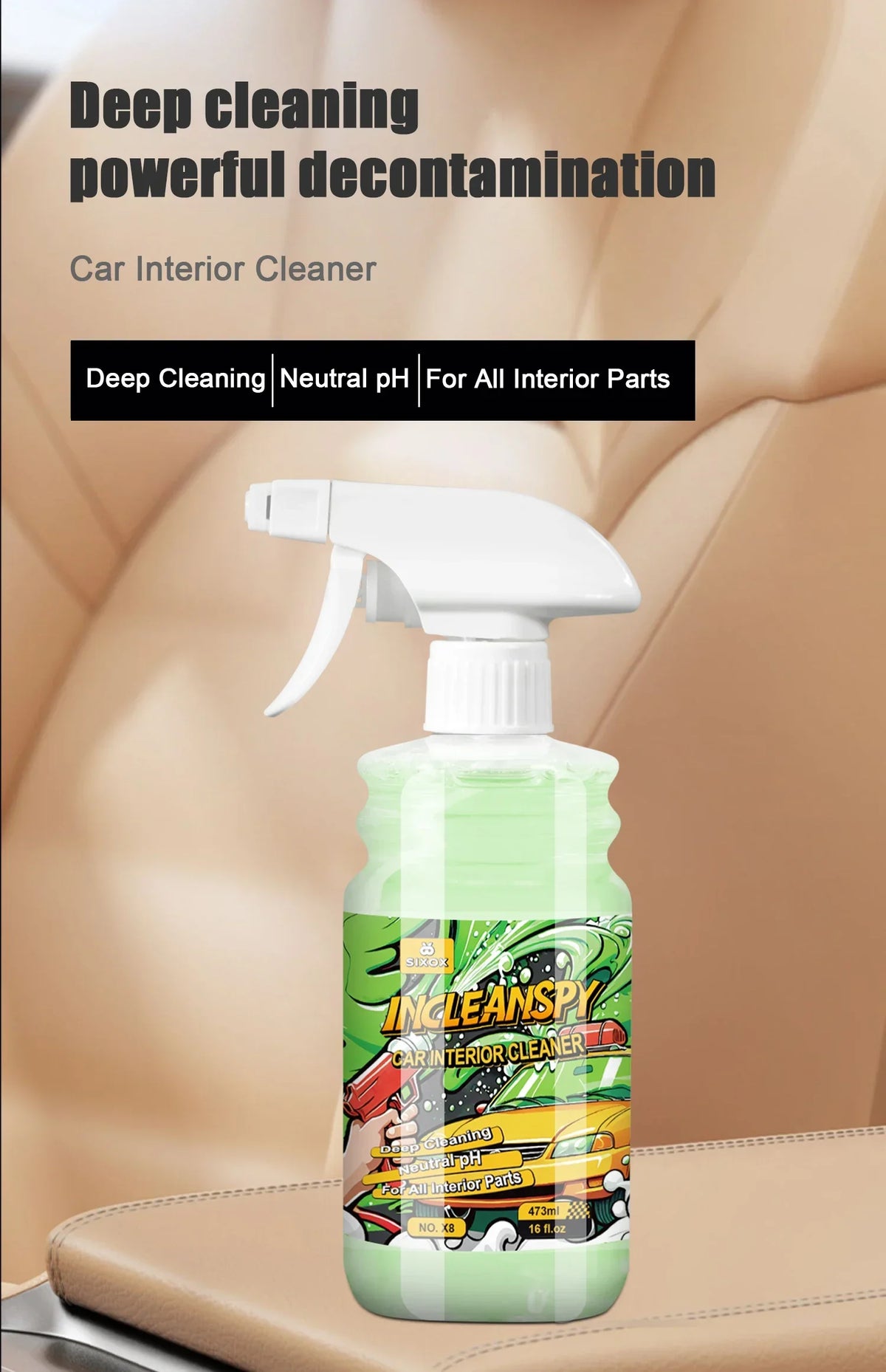 Weiße Sprühflasche IncleanSpy Auto-Innenreiniger vor hellem Hintergrund.