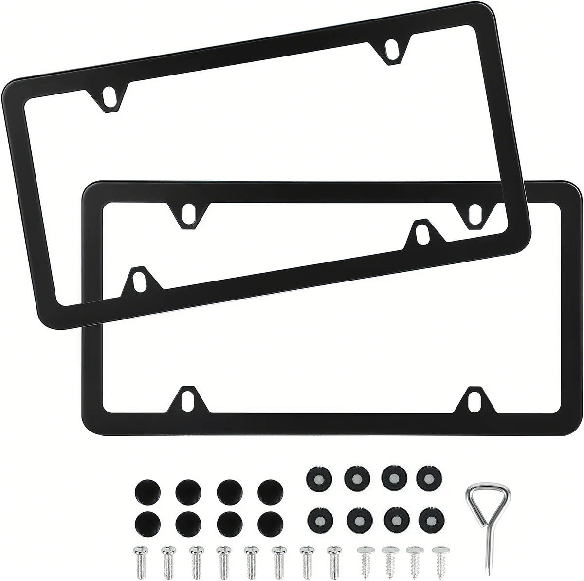 A set of two black stainless steel license plate frames with mounting hardware and screws.