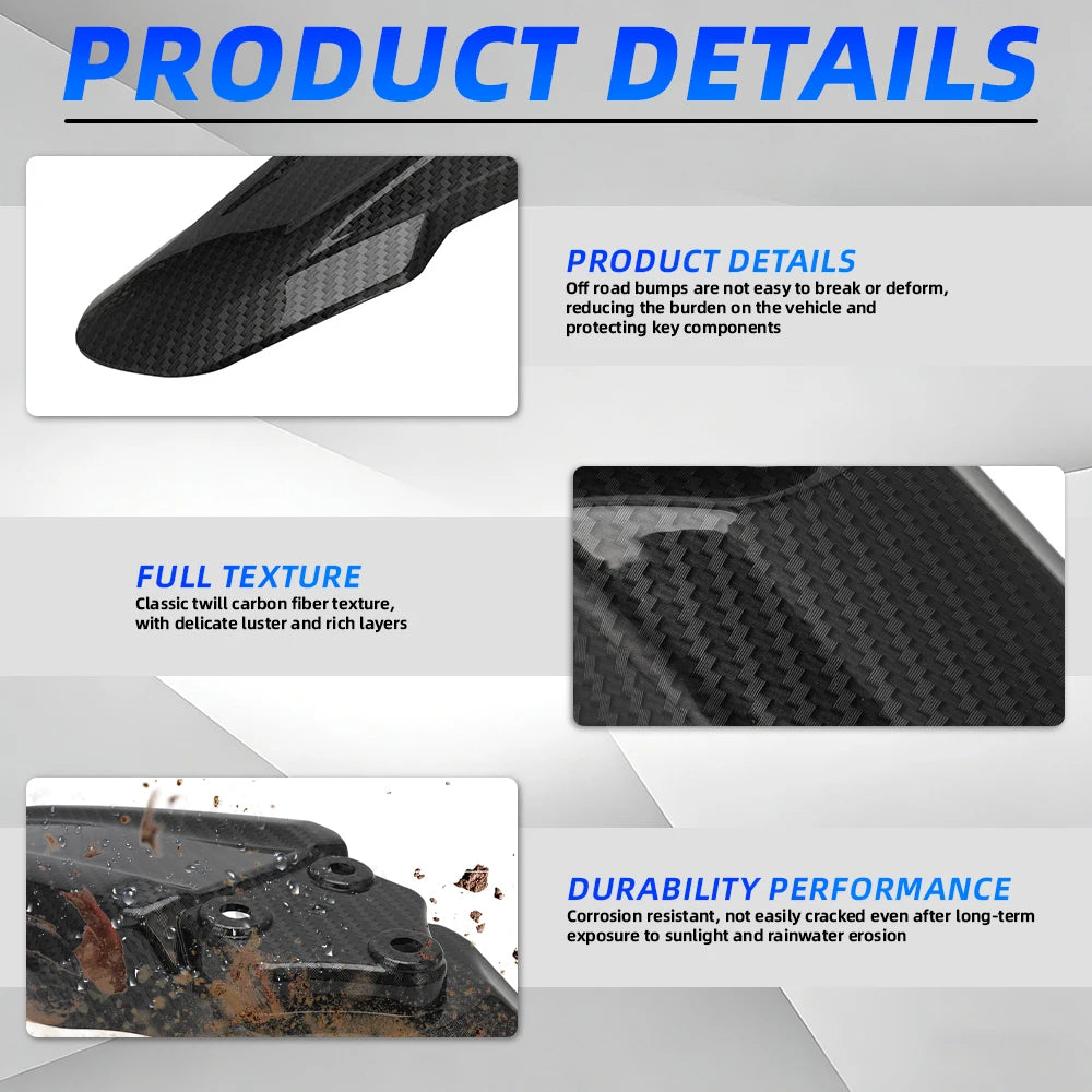 Close-up view of a black carbon fiber motorcycle fender for e-bikes showing texture and durability