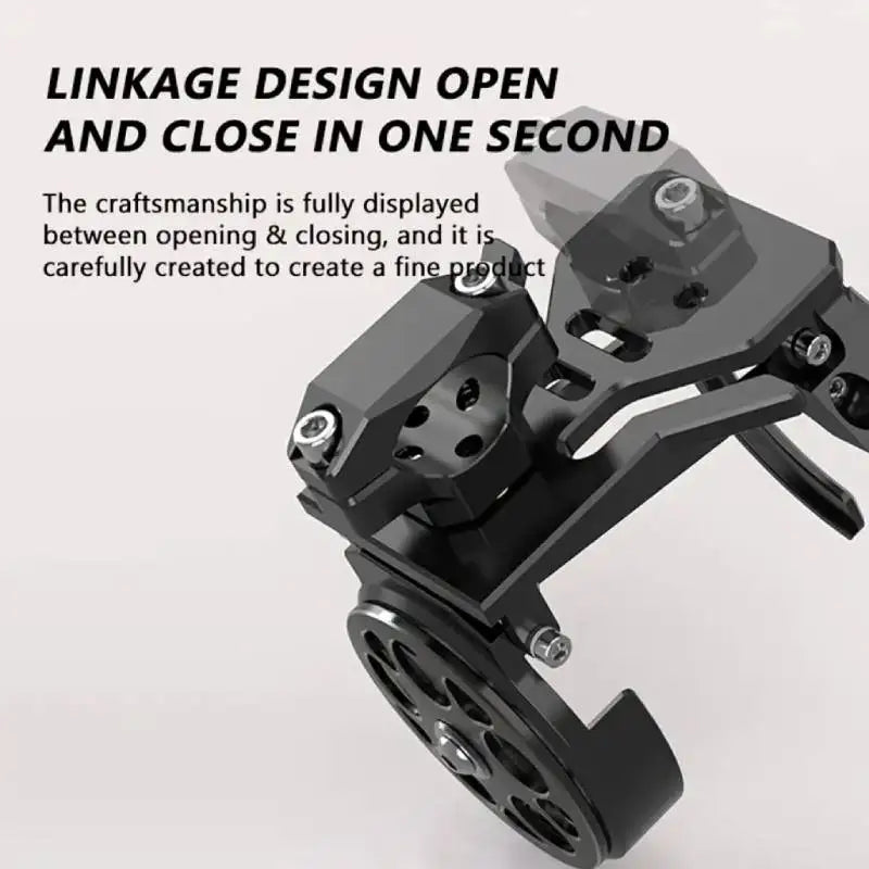 A black foldable motorcycle cup holder bracket is shown, demonstrating its linkage design.