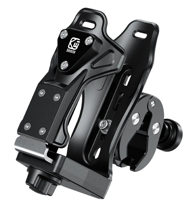 A black adjustable motorcycle drink holder clamp with a metal jaw and mounting plate.