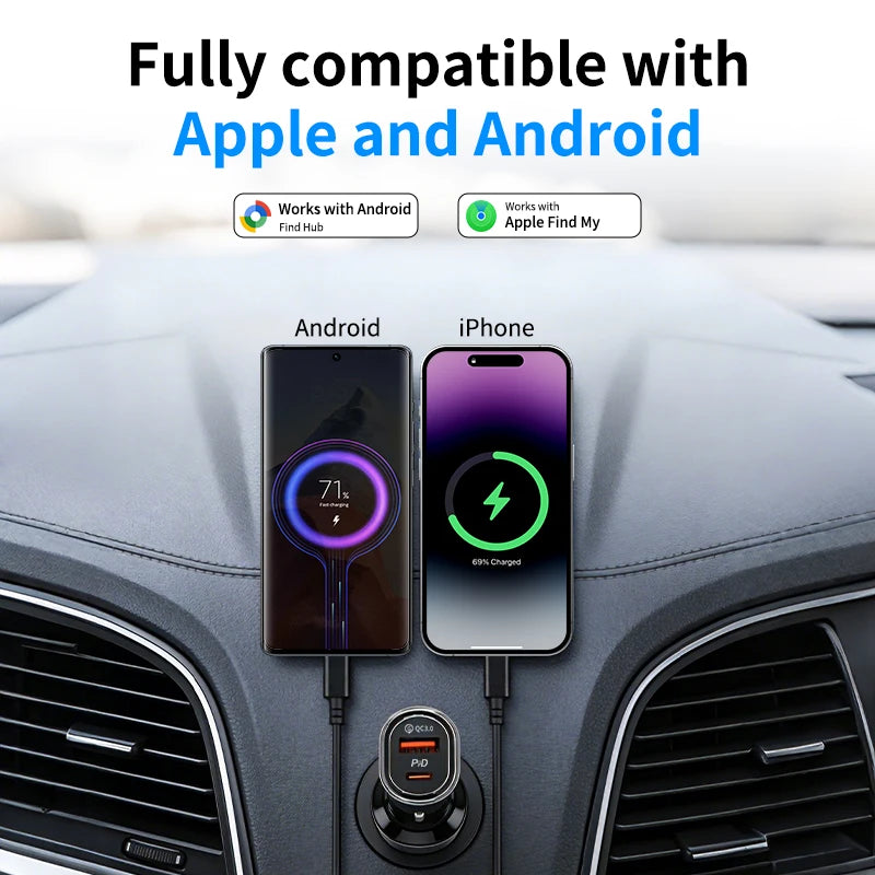 A universal car phone charger and GPS tracker is shown plugged into a car's port, with compatibility icons for Android and Ap