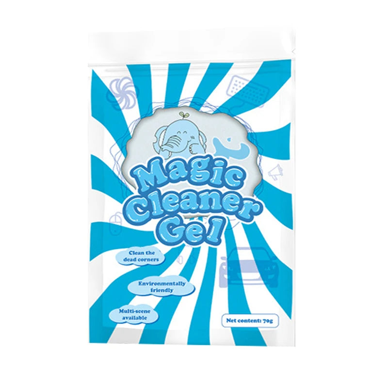 A package of Magic Cleaner Gel, featuring a blue and white striped background with illustrations of cleaning tools and surfac