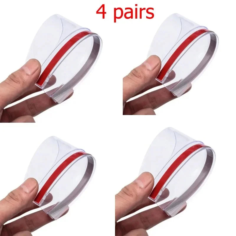 Four pairs of clear carbon fiber car rain visors with red trim being held by a hand.