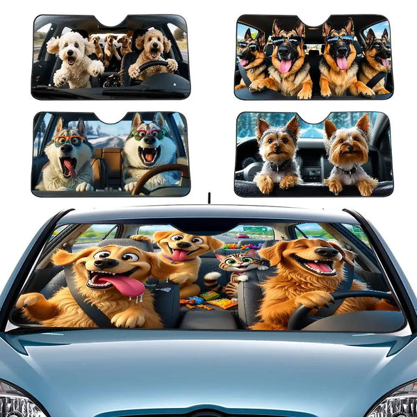 A set of dog-themed car windshield sunshades featuring various dog breeds and faces.