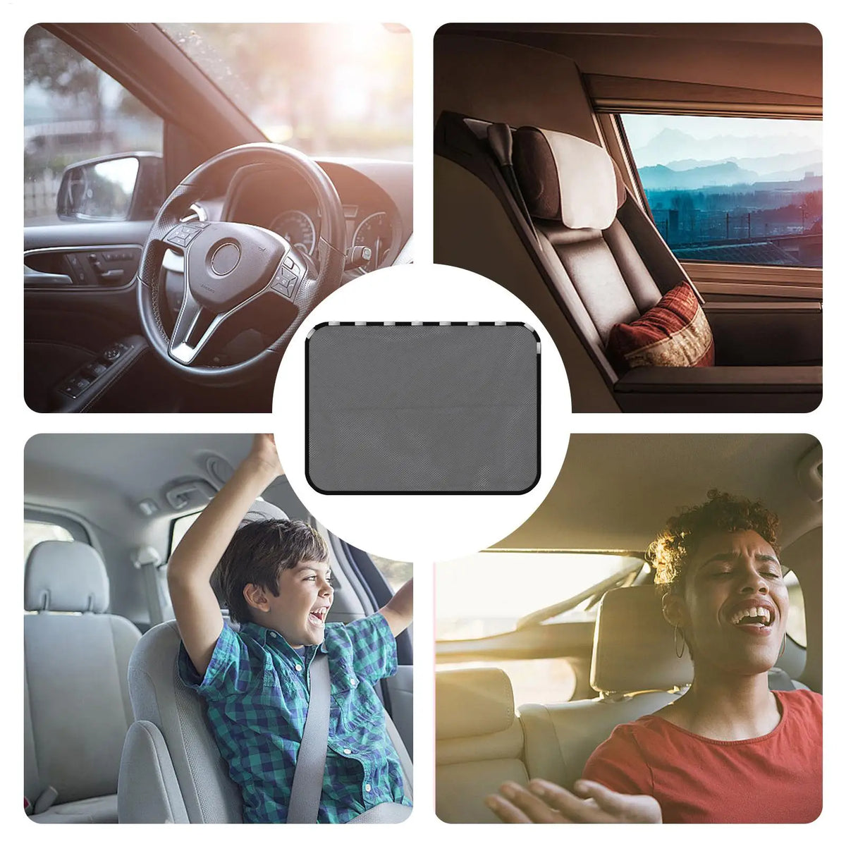 A set of magnetic car window sunshades shown in various contexts including a car interior and a person smiling.