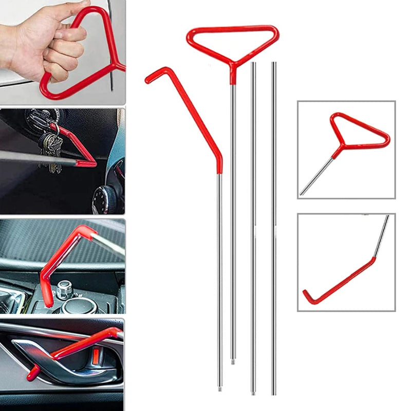 A set of red and silver tools for professional car door repair and alignment, including levers and rods.