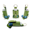 A green portable inhaler storage case with a keychain, shown in various angles.