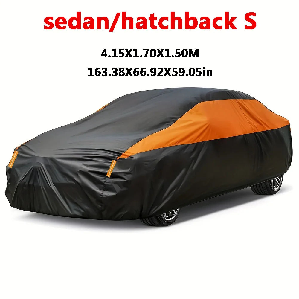 Black and orange all-weather UV car protection cover for a sedan or hatchback.