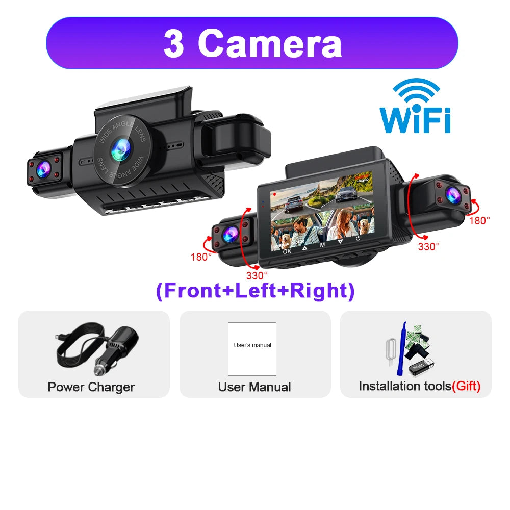 A black 3 camera WiFi dash cam system with accessories shown for car monitoring.