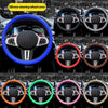 Various colored silicone steering wheel covers shown on a car steering wheel.