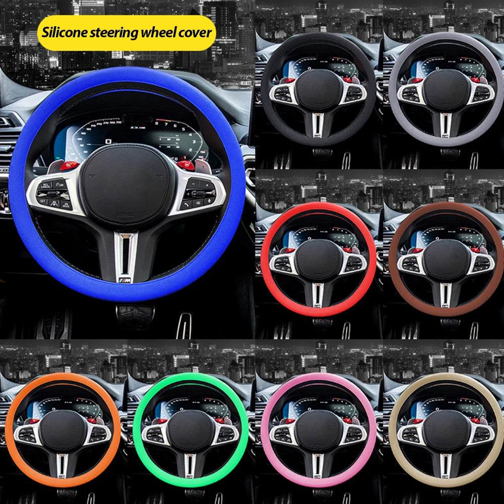 Various colored silicone steering wheel covers shown on a car steering wheel.