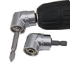A black drill attachment with a silver magnetic bit holder and an angled drill bit.