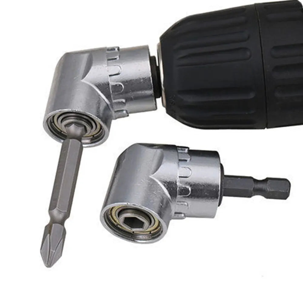A black drill attachment with a silver magnetic bit holder and an angled drill bit.