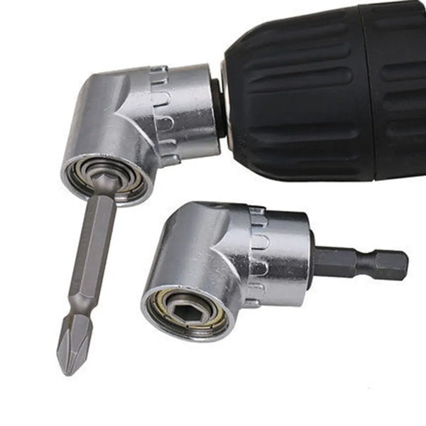 A black drill attachment with a silver magnetic bit holder and an angled drill bit.