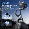 A black vacuum suction cup mount for a phone, featuring an 80lb suction capacity and a magnetic base.