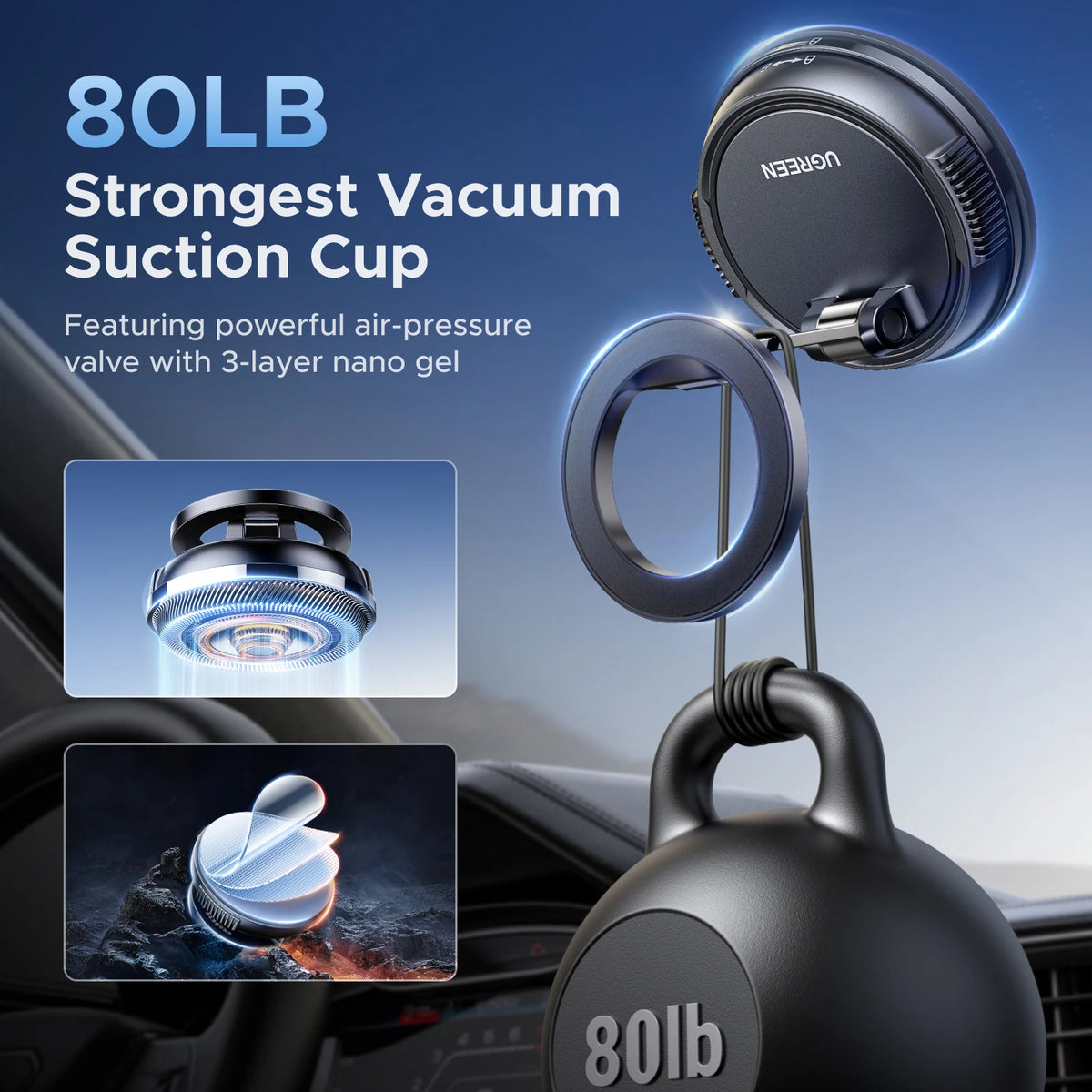 A black vacuum suction cup mount for a phone, featuring an 80lb suction capacity and a magnetic base.